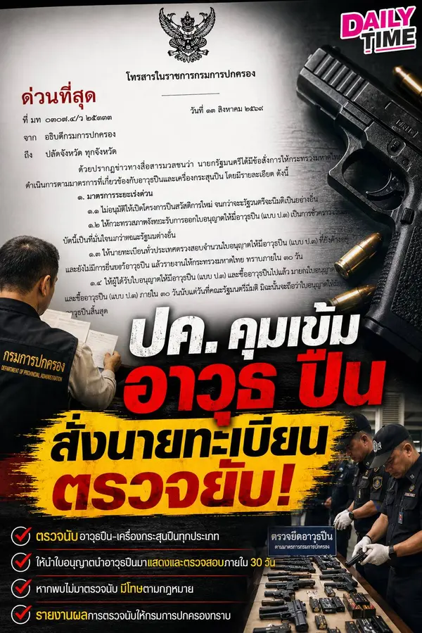 ปค.สั่งด่วนทั่วประเทศ “คุมเข้มอาวุธปืน”